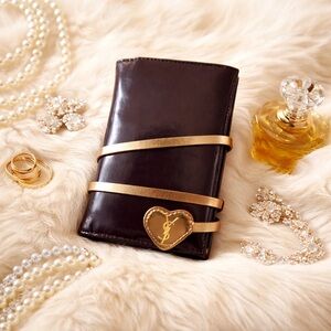 Yves Saint Laurent, YSL, Authentic Black Wallet with Gold Heart Strap Closure